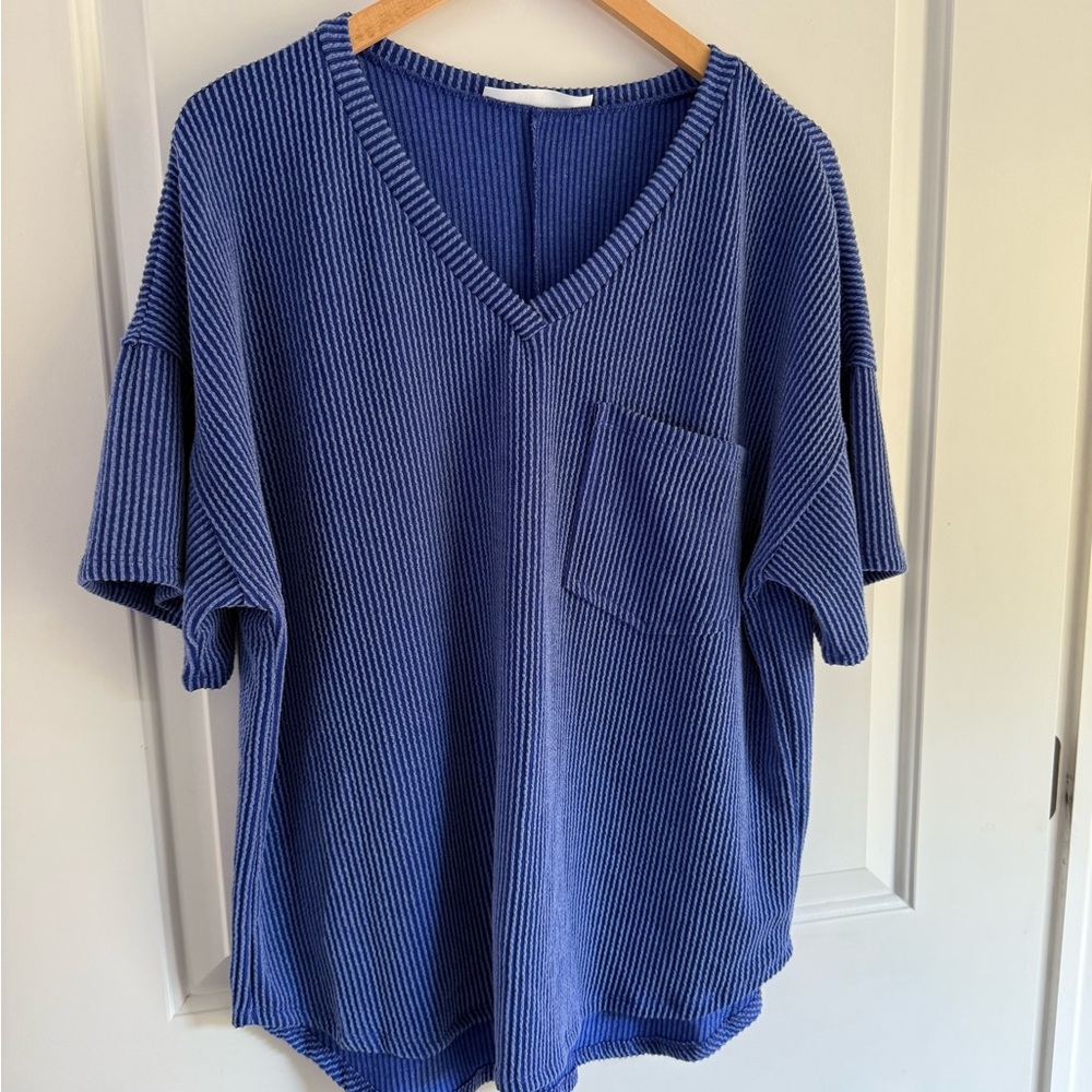 Altar'd State Royal Blue Ribbed V-Neck Top